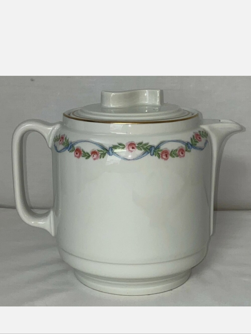 Hall's White Porcelain Teapot with Pink Rose Garland